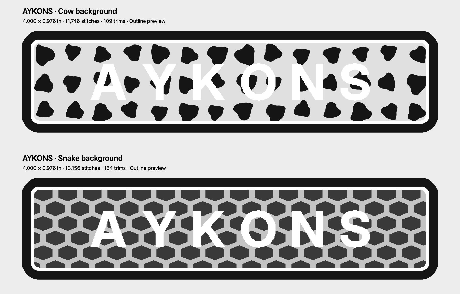 Digital previews of actual four-inch AYKONS cow and snake background patch projects with unchanged white lettering.