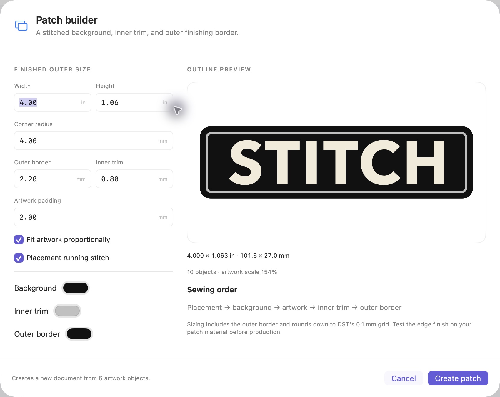 Stitchistry Studio patch builder showing patch size, stitched background, inner trim, and outer finishing border settings.