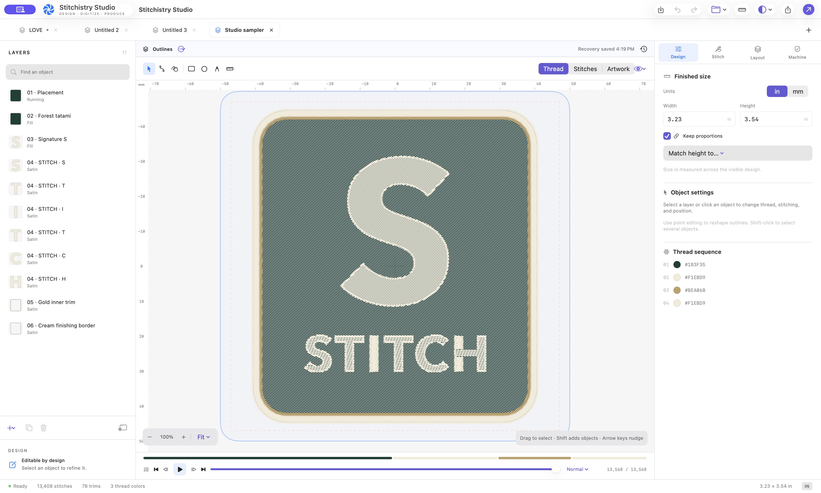 Stitchistry Studio showing an editable monogram patch, object layers, stitch settings, and the sewing timeline.